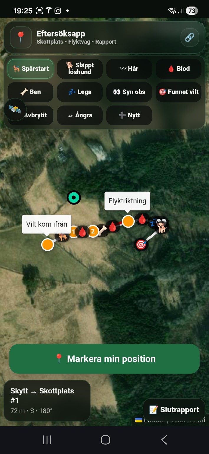 Eftersöksjägarens logg med spårstart, blod, hår, lega och fynd