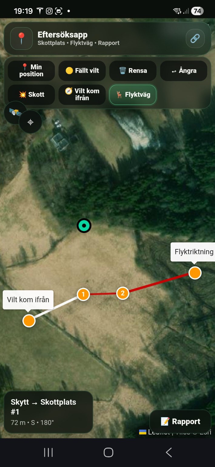 Skyttens logg med skottplats, viltets läge och flyktriktning