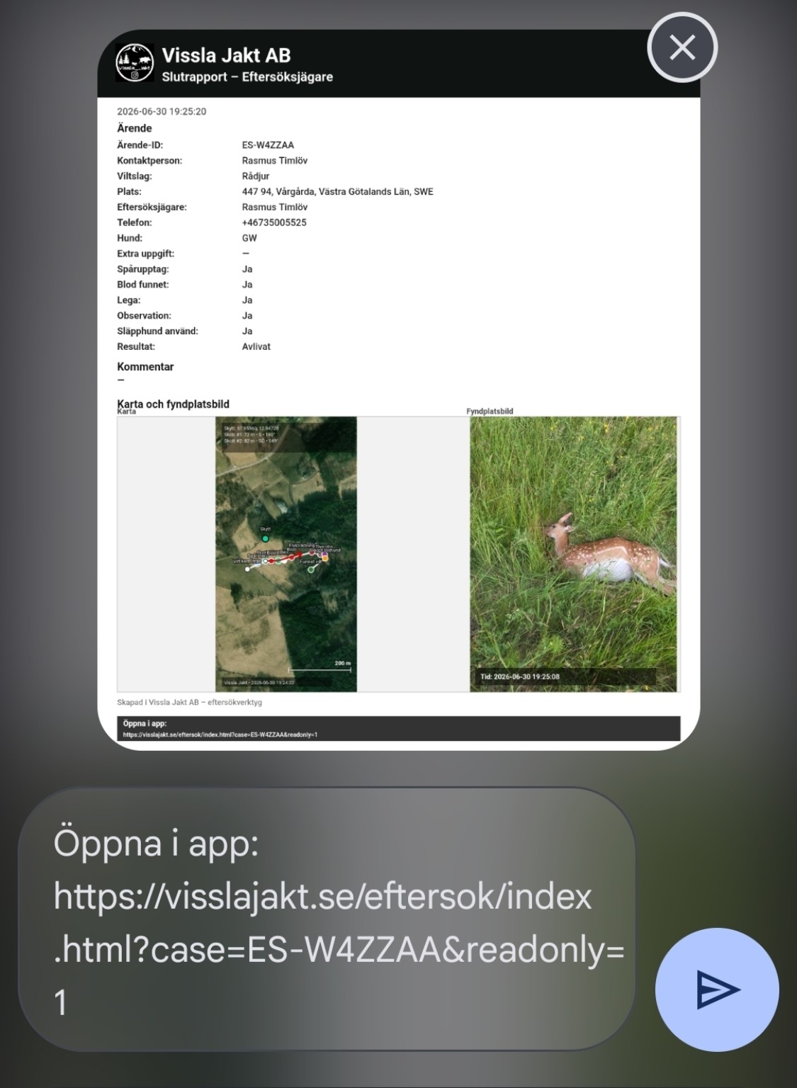 Slutrapport till skytt med karta och fyndplatsbild
